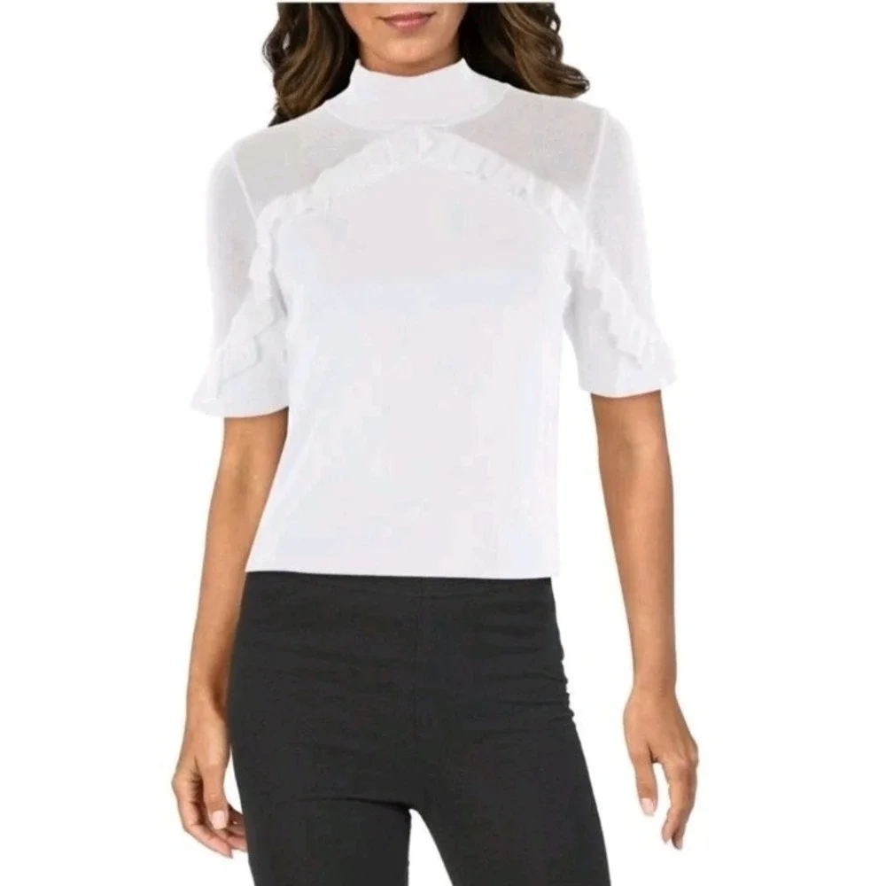 NEW! Alice + Olivia M White Knit 'Chiara' Ruffle Pullover Top Short Sleeve $360